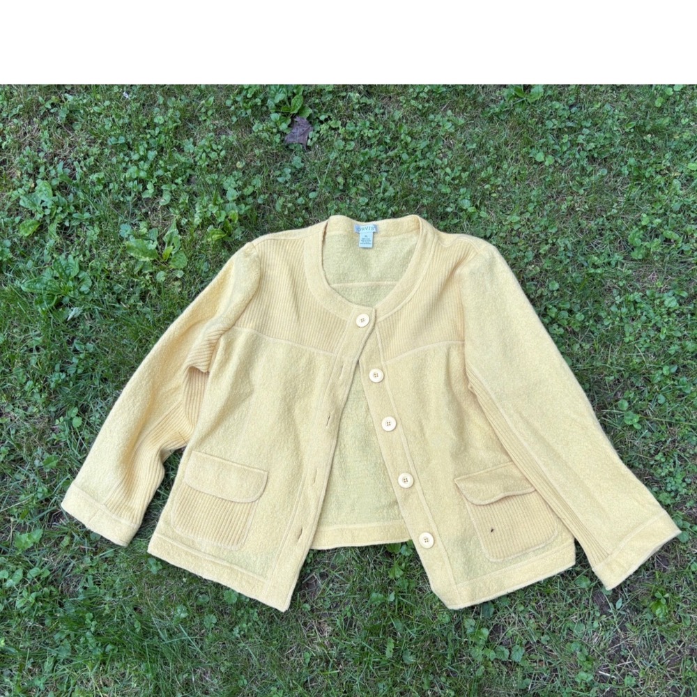 Vintage Wool Blend Butter Yellow Cardigan Sweater Women's Knit Jacket‎ w Pockets